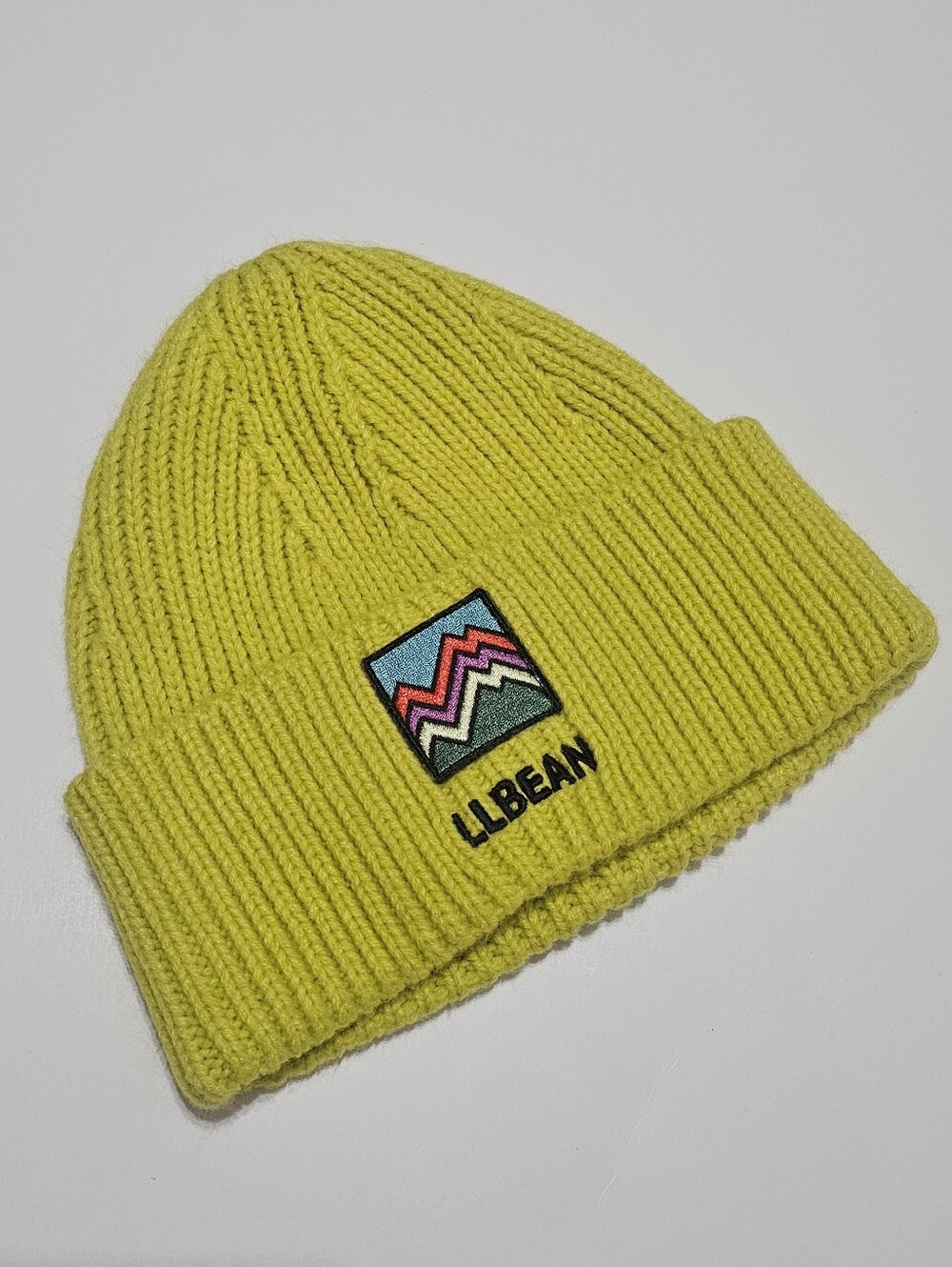 L.L. Bean Neon Yellow Ribbed Cuff Beanie with Colorful Patch